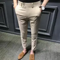 Men Blazer Pants Anti-wrinkle Mid Waist Men Ninth Pants Young Style Men Casual Ninth Suit Pants Pockets Business Long Trousers 2