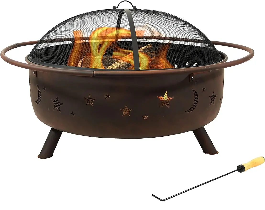 

Sunnydaze Cosmic 42-Inch Wood-Burning Steel Fire Pit with Round Spark Screen, Poker, and Built-in Grate - Rust Patina