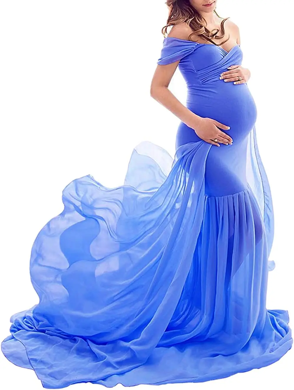 Шифоновое-платье-Русалка-для-беременных-с-открытыми-плечами-и-отложным-рукавом