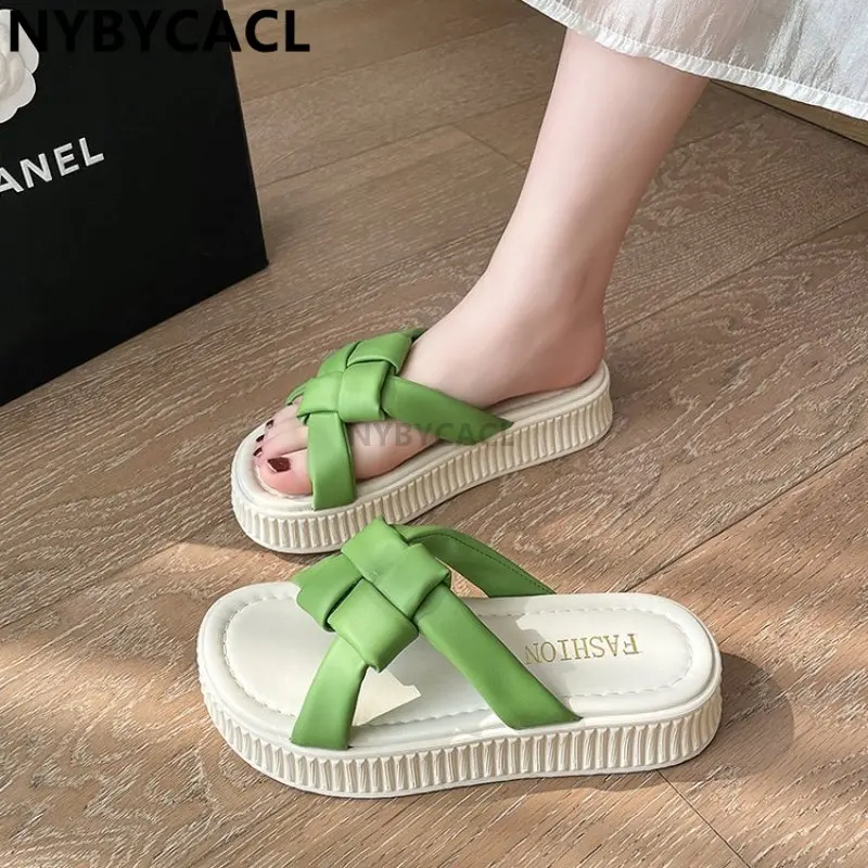 

Fashion Women's Sandals 2023 Indoor Beach Elegant Woman PU Platform Heels Slippers Korean Style Fluffy Summer Characteristic New