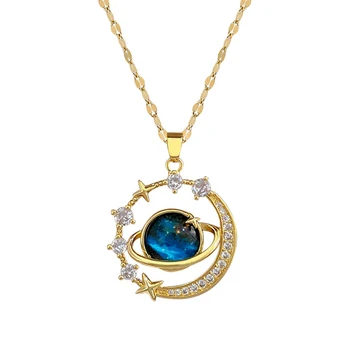 Gold Color Exquisite Starry Sky Planet Necklace Star & Moon Versatile Clavicle Chain for Daughter Granddaughter Ladies