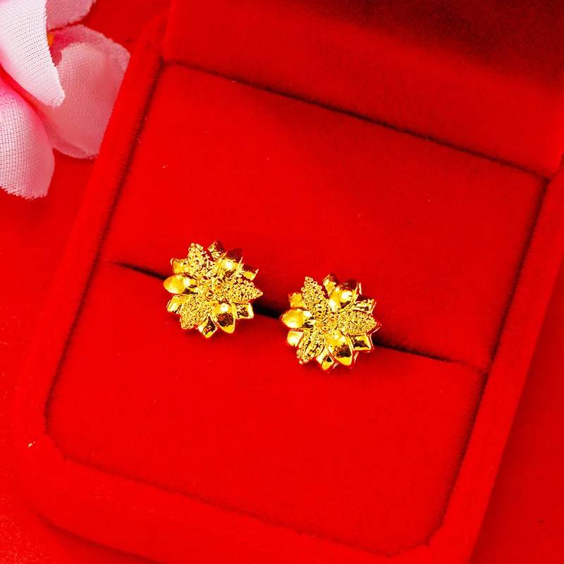 24K Gold Stud Earrings for Women Heart Clover Flower Korean Earrings Trendy Pure Gold Earings Wedding Fashion Jewelry Wholesale