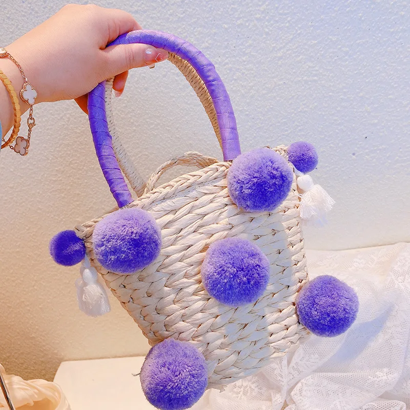 INS Korean Style Cute Baby Straw Bags Handmade Woven Basket Colorfull Red Bayberry Child Girls Beach Bag Kids Travel Bags