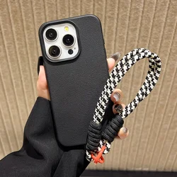 Chic Candy Leather Texture Wrist Strap Phone Case - Solid Color Soft Cover - iPhone 14 Plus (Black)