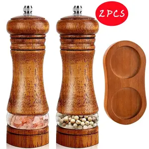 Haomacro Salt and Pepper Grinder Set, Wood Pepper Mills,Wooden Salt  Grinders Refillable Manual Pepper Ginder with Acrylic Visible  Window,Ceramic