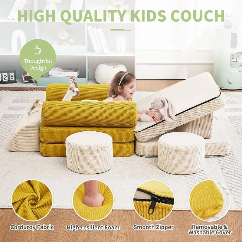 Modular Kids Play Couch, 10PCS Kids Modular Couch in Colorblocked Corduroy, Kids Couch for Playroom 5