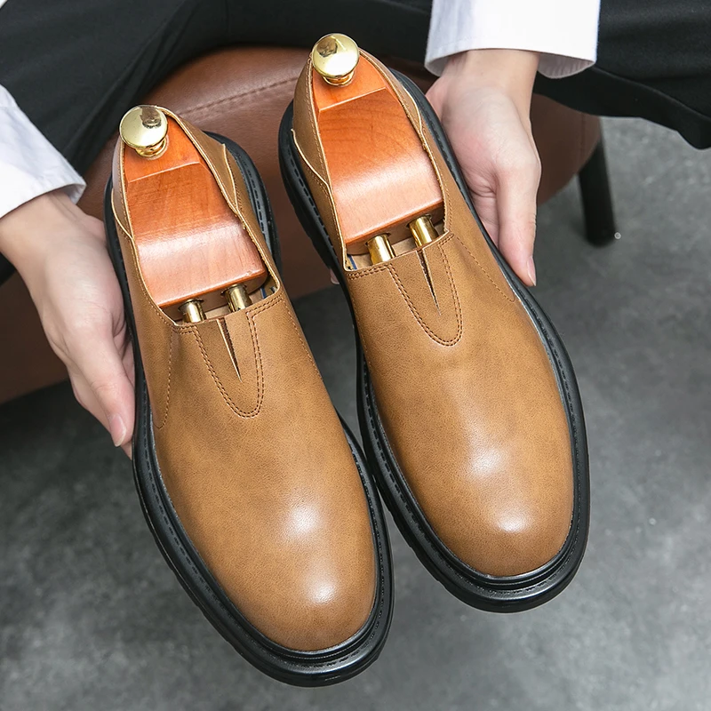 

Лоферы мужские из искусственной кожи, однотонные туфли с большим носком, на низком каблуке, круглый носок, толстая нескользящая Удобная дышащая деловая повседневная обувь