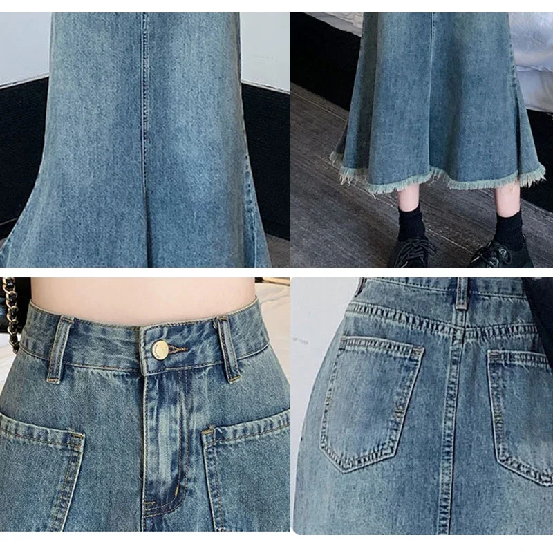 Women Denim Long Skirts Summer  Vintage Skirt Side Split Denim Skirt Women Long Korean Blue Jean Skirt