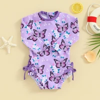 Baby Girls Bikini Swimwear Rash Guard Long Sleeve Flower Butterfly Print Bow Summer Swimming Bathing Swimsuit Beachwear 2