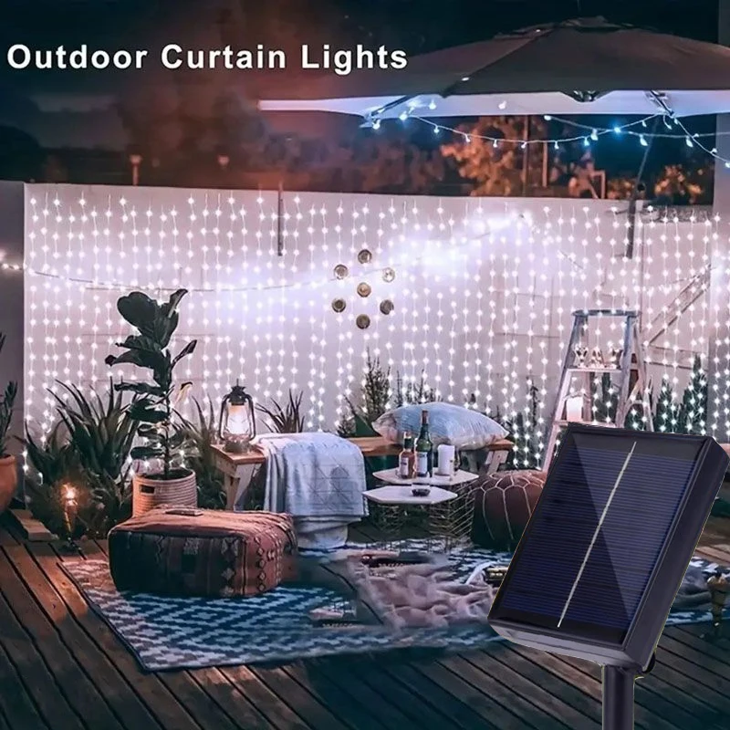 3M/6M Solar Powered 8 Modes LED Curtain String Fairy Lights, for Home Garden Porch Backyard Wedding Party Christmas Decorations