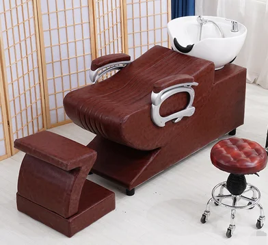 Shampoo bed barber shop shampoo bed shampoo chair flush ceramic basin hair salon hair salon net red deep basin leather