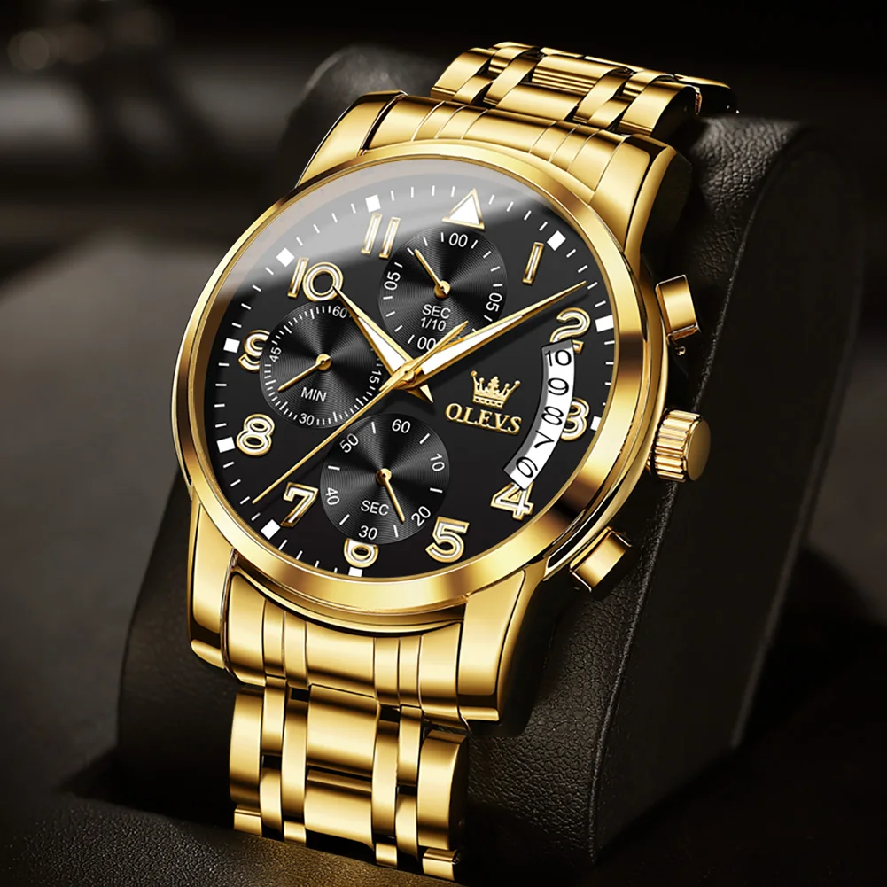 OLEVS Gold Quartz Watch for Men Stainless Steel Waterproof Multifunctional Chronograph Business Mens Watches Relogio Masculino