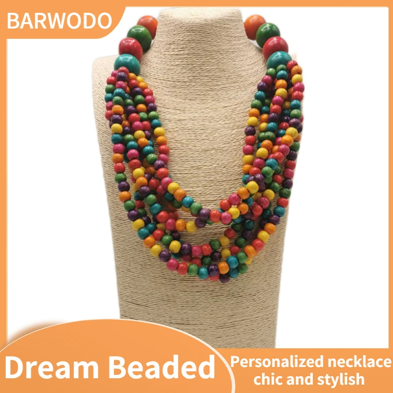 BARWODOBohemianStatementNecklaceMultiLayerBeadsWoodPendant
