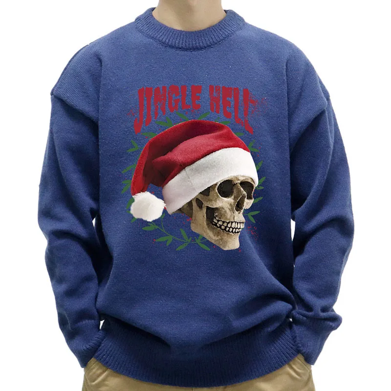 Men's Winter Sweater Casual Long Sleeve Printed Knit Men Sweaters Pullovers Autumn O-neck Knitted Pullover Men Blue Knitwears XL