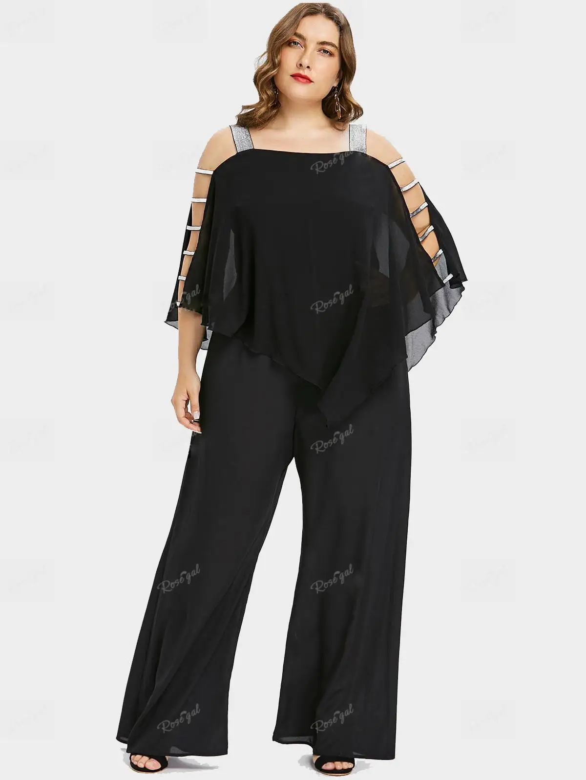 

ROSEGAL Plus Size Overlay Ladder Cut Out Wide Leg Jumpsuits Black Casual Romper For Women 2023 New Arrived Jumpsuit