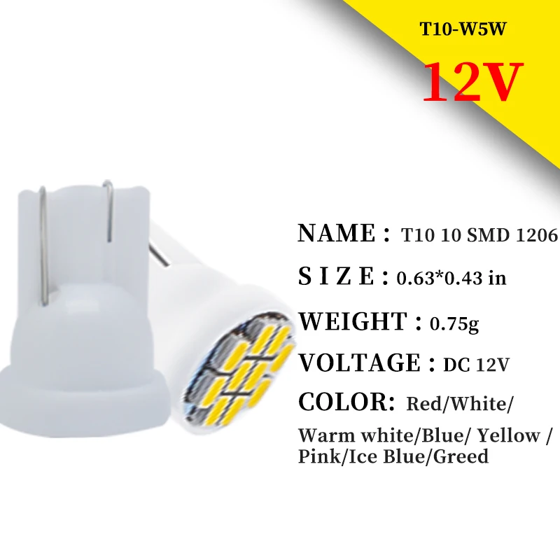 

100 шт. 12 В T10 W5W 194 1206 10 SMD автомобильный клиновидный габаритный номерной знак дверные огни белый красный синий зеленый розовый светодиодный автомобильный светильник
