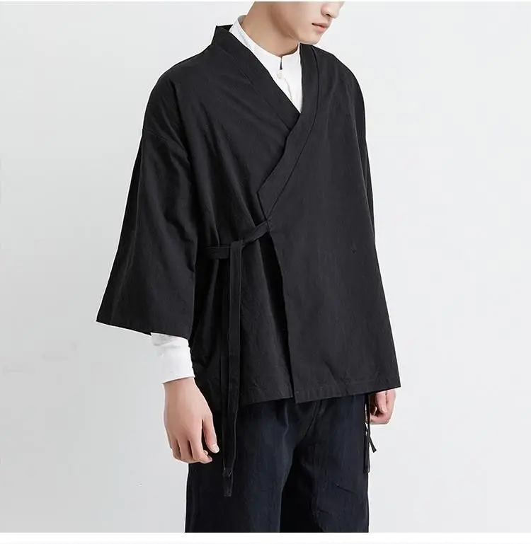 Plus Size Men's Kimono Cardigan Jacket Cotton Linen Japanese Yukata Haori Loose Open Front Hanfu Coat Samurai Costume Streetwear