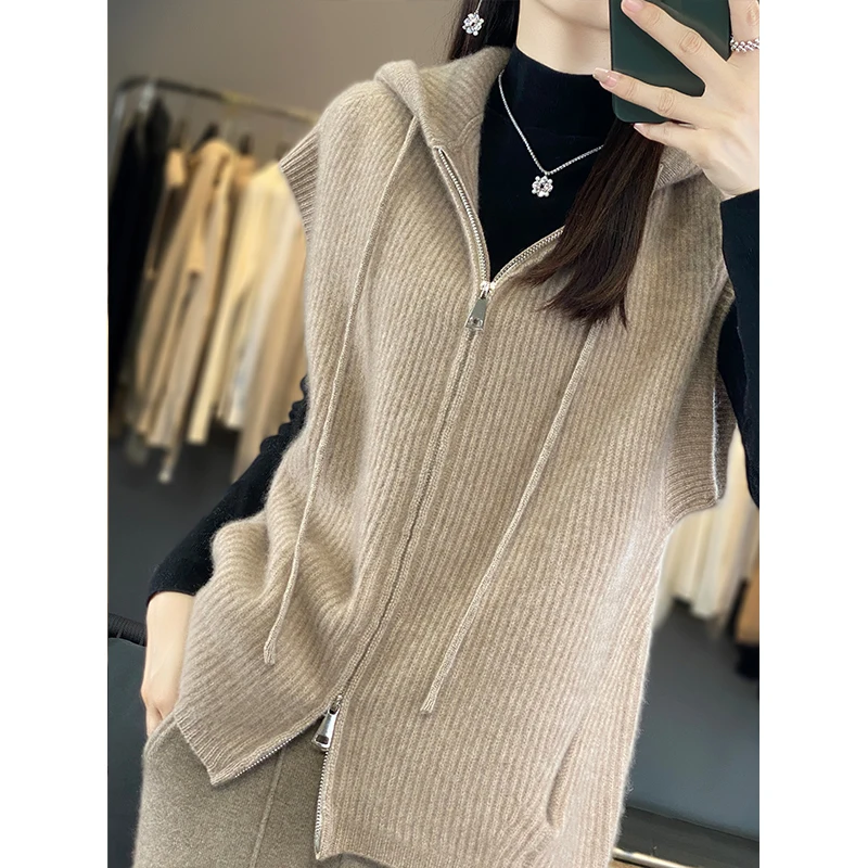 Women's Monochromatic Zipper Cashmere Sweater Vest, Knitted Vest