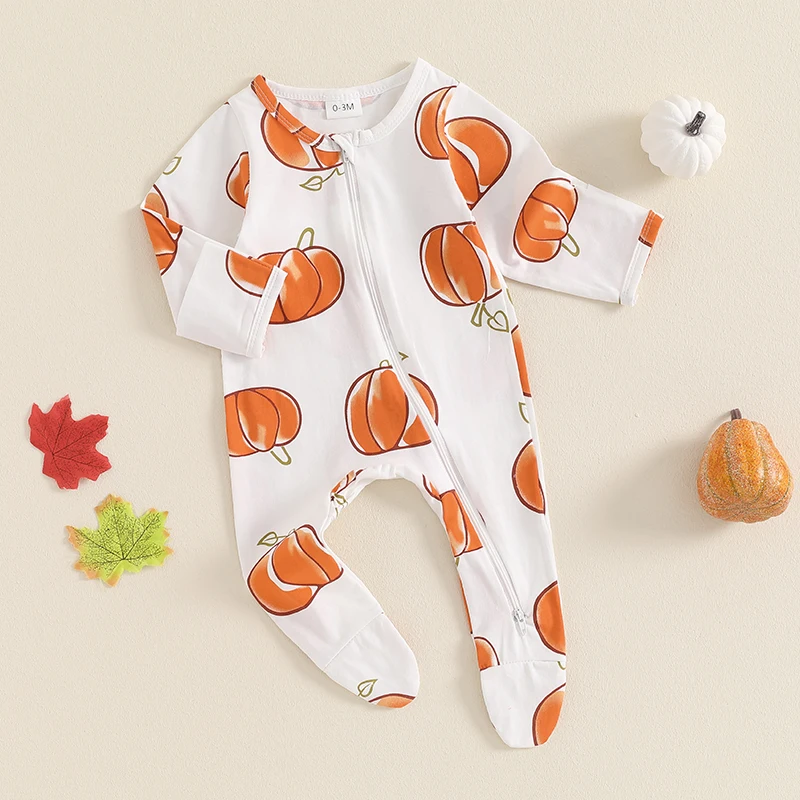 Baby Girls Boys Footies Rompers Halloween Clothes Pumpkin Print Long Sleeve Toddler Fall Bodysuits