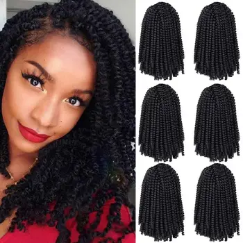 8-14Inch 1/4/6Pack Spring Twists Crochet Hair for Women Black Synthetic Braiding Hair Low Temperature Twist Hair Extensions 1