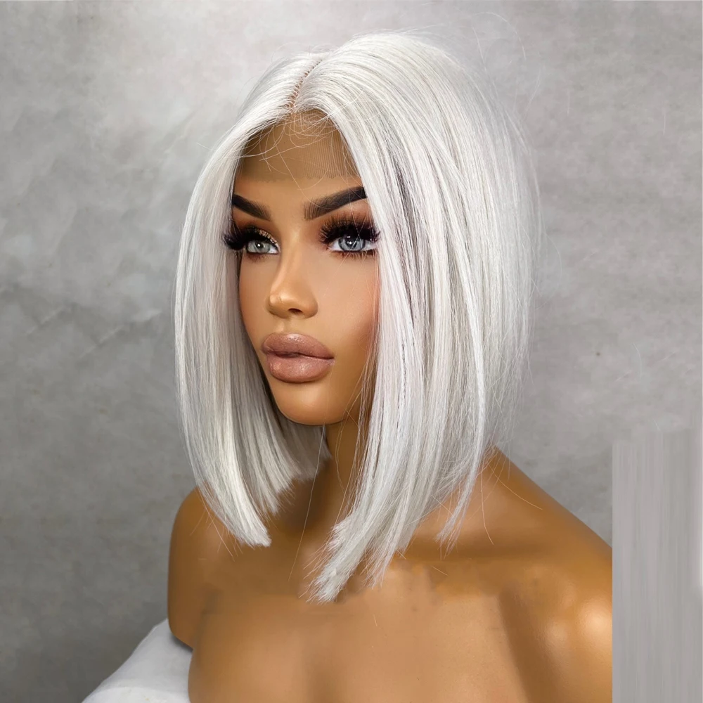 Short Bob Wig 12 inch Straight Center Parting 150 Density Synthetic Lace Front Human Hair Blends Gift Wigs White Platinum Blonde