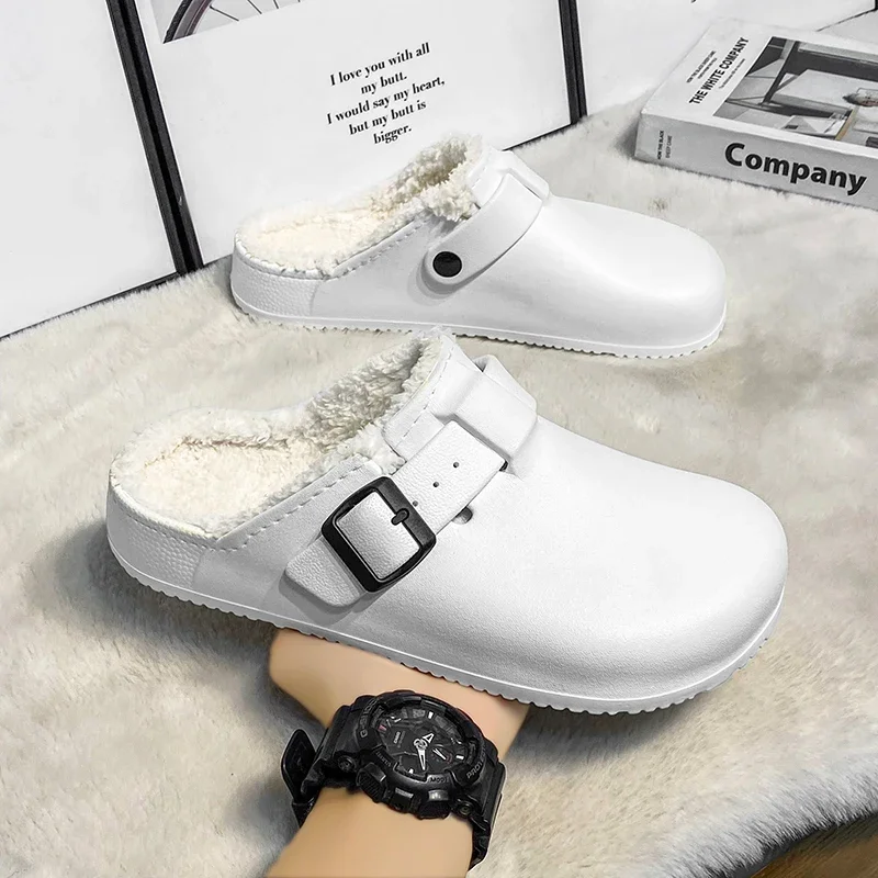 Men's Slippers EVA Winter Plush Warm Waterproof Oil-proof Chef Shoes Non-slip Kitchen Work Shoes Couple Home Soft Sole