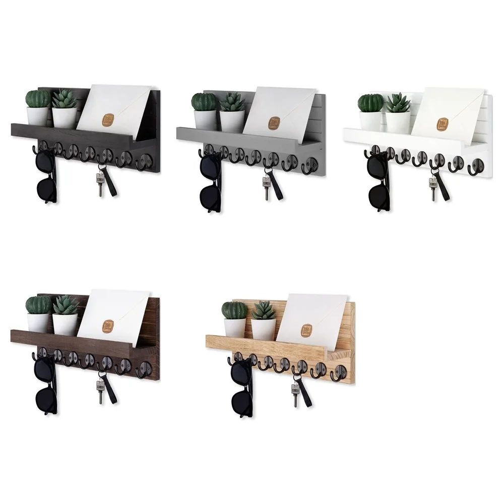 Wood Key Holder Wall Mount Entryway Key and Mail Holder with 7 Sturdy Hooks for Sunglasses Dog Leash Decorative Wall Shelf 6