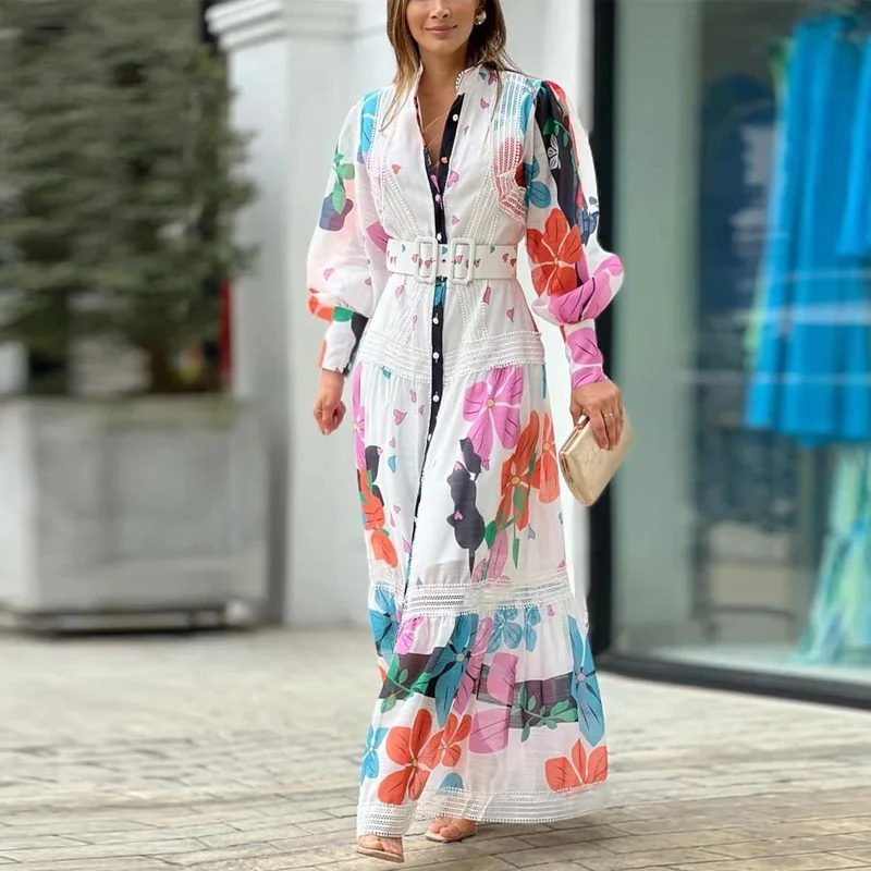 

Spring Stand Collar Belt Shirt Long Dress Elegant Pattern Print Long Sleeve Party Dress Women Fashion High Waist Commute Dresses