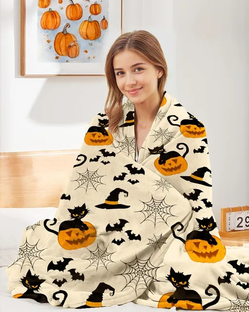 1PC Halloween Throw Blanket Pumpkin Skull Bats Ghost Black cats Thin Blanket Gifts for Couch Bed Car Home Camping all season use 3