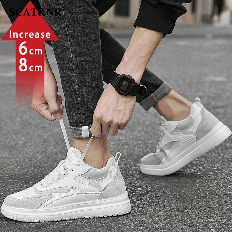 New Men Trendy Leather Sneakers Elevator Shoes Invisible Breathable Heightening Shoes 8cm Men'S Casual Light Sneakers Designer