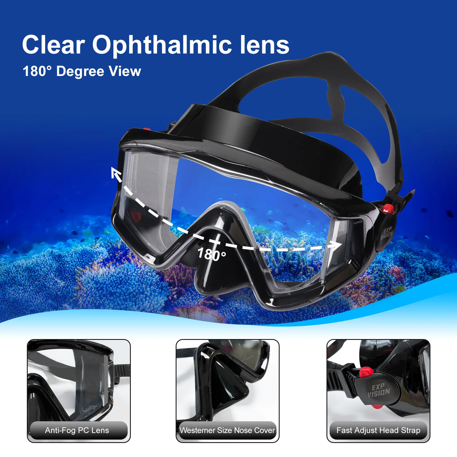 Dry Snorkel Set, Pano 3 Window Snorkel Mask, Anti-Fog Scuba Diving Goggle and Snorkel, Adult Snorkeling Swim Mask with  PC  Lens 2