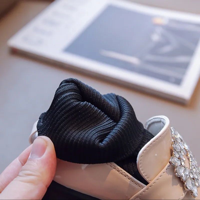 Rhinestone Girls Sock Shoes Children's Leather Boots Autumn Winter