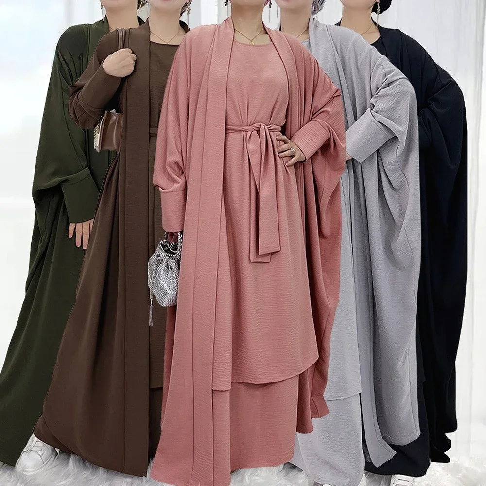 Muslim Sets 2 Piece Matching Abaya Kimono Crinkle Abayas for Women Dubai Turkey Hijab Inner Dress Islam Suits Ramadan Outfits