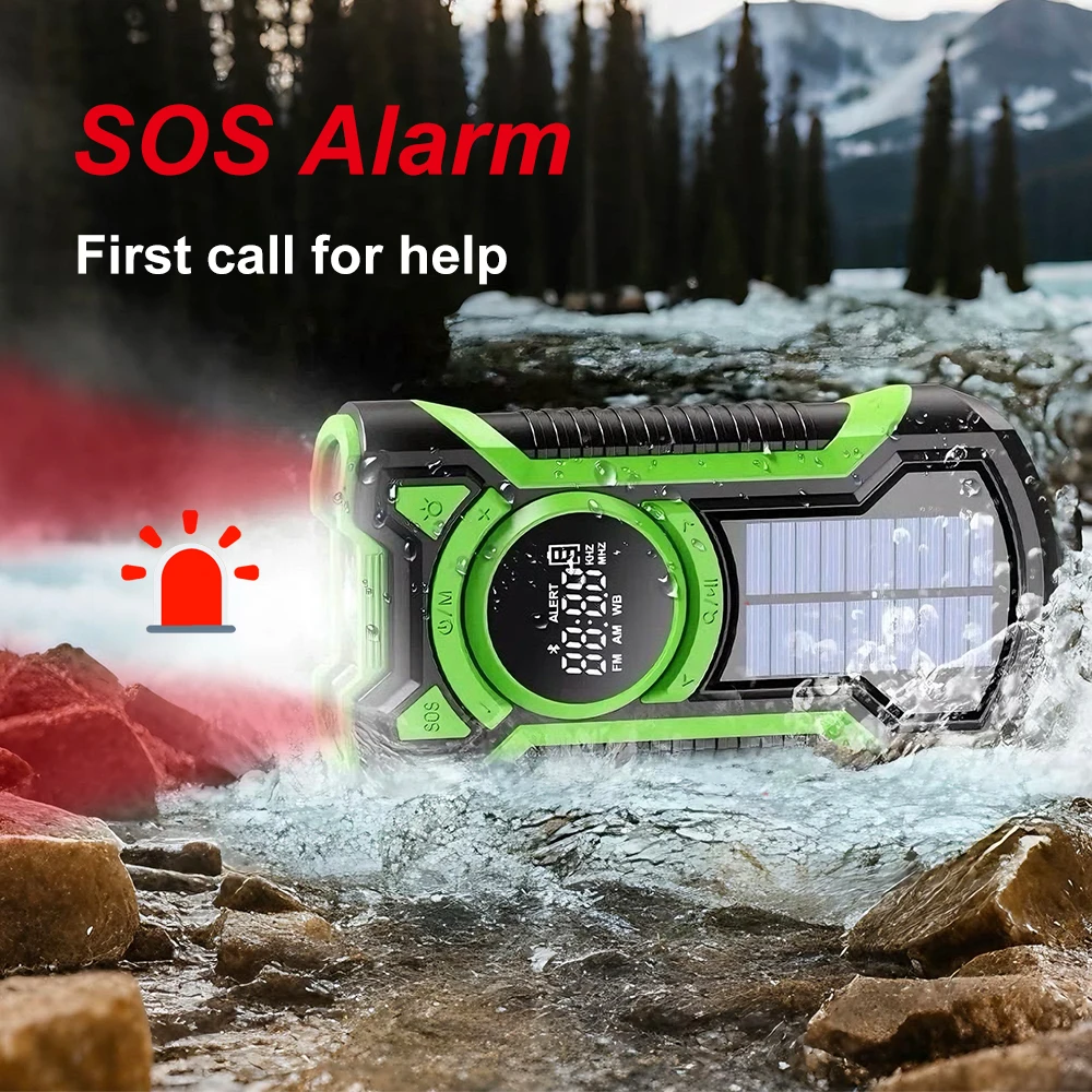 DE16 하이킹 비상용 기상 라디오 휴대용 태양열 핸드 크랭크 5000mAh AM/FM 블루투스 방수 손전등 보조 배터리 자동 스캔