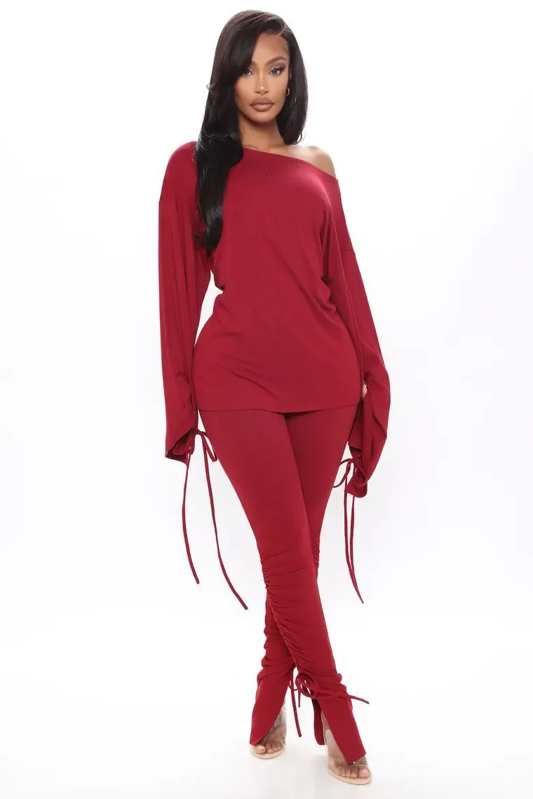 

Женский Повседневный костюм из двух предметов, элегантный однотонный комплект из топа на шнуровке с длинным рукавом и круглым вырезом и плиссированных длинных брюк, осень 2023