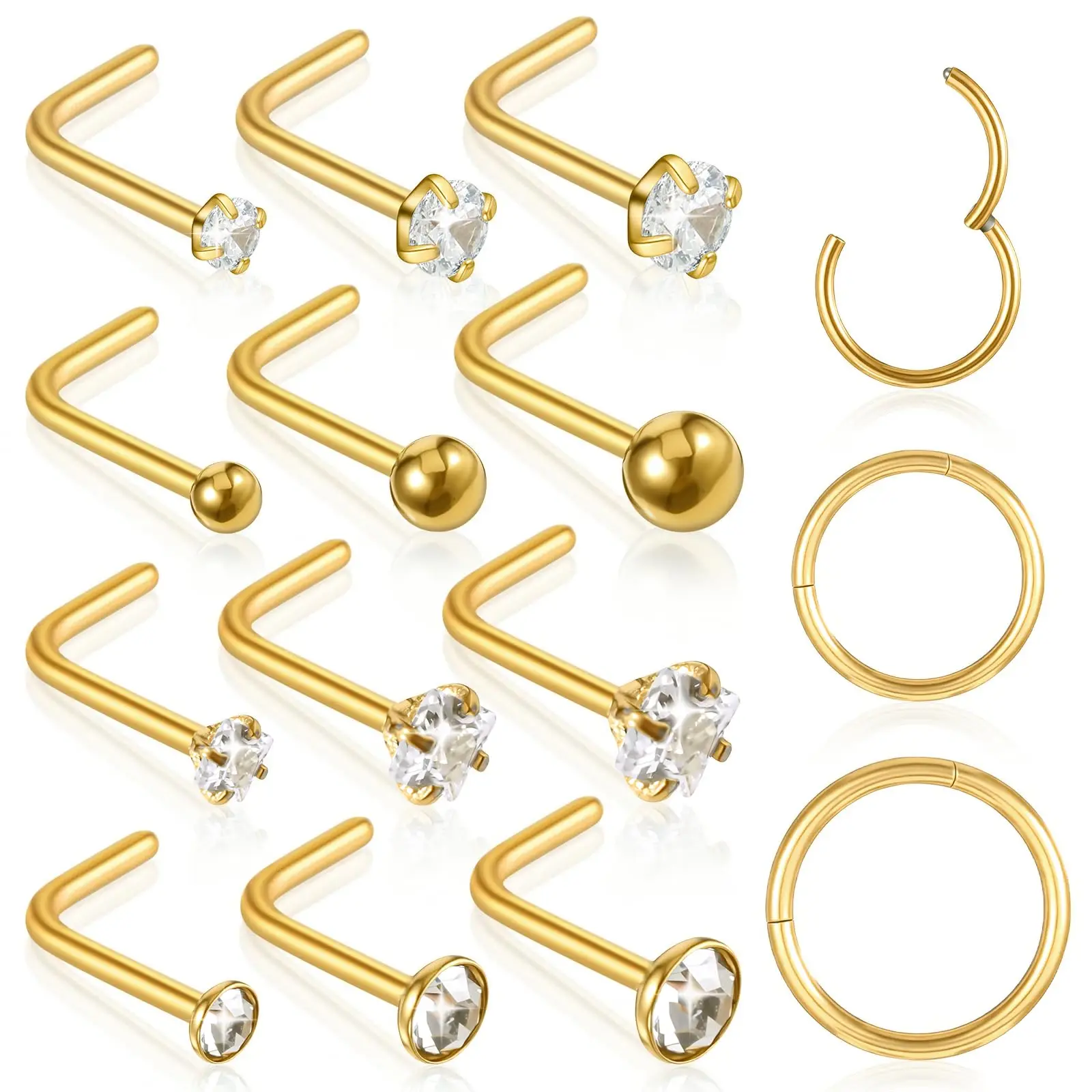 15pcs Nose Rings and Studs Set – 16G Hoops(1.2mm) & 20G L-Shaped Studs(0.8mm) 316L Surgical Steel Nose Piercing Jewelry