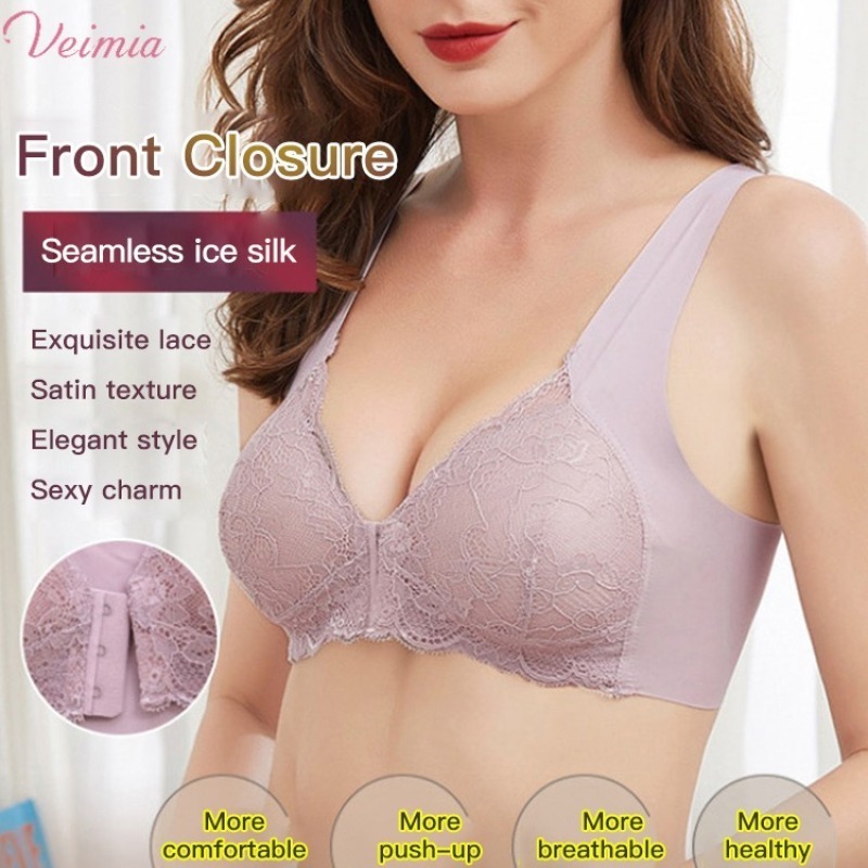 Thin Nonmarking Underwear Bra Lace Corset No Strangulation Breast Reduction Front Button Nonmarking Ice Silk Bra