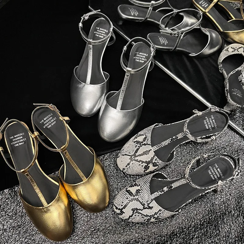 

MKKHOU Fashion Sandals Women's New High Quality True Leather Round Head T-shaped Buckle Strap Snake Sandals Summer Open Shoes