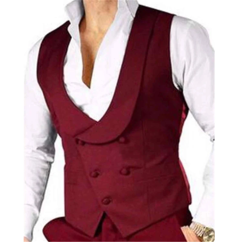 Double Breasted Burgundy Vests for Groomsmen Shawl Lapel One Piece Slim Fit Men Waistcoat Man Fashion Costume