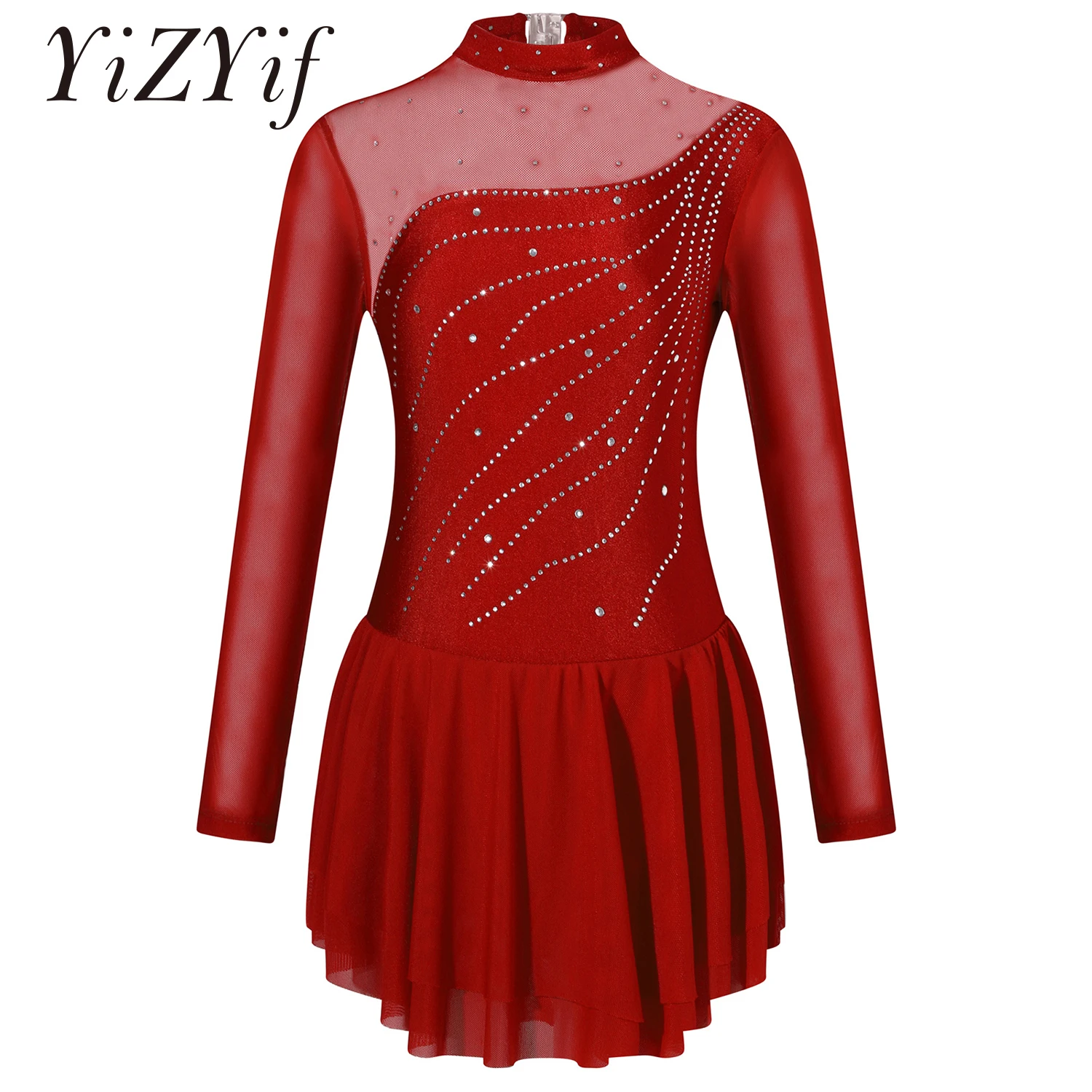 

Figure Skating Dress for Kids Girls Rhinestone Hollow Back Ballet Gymnastics Dance Leotard Dress Stage Performance Costumes