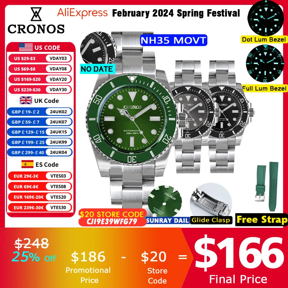 Cronos Sub Diver Men Watch No Date Nh35 Sapphire Cyclops Ceramic Bezel 20 Atm Glideclasp Ultima Versione