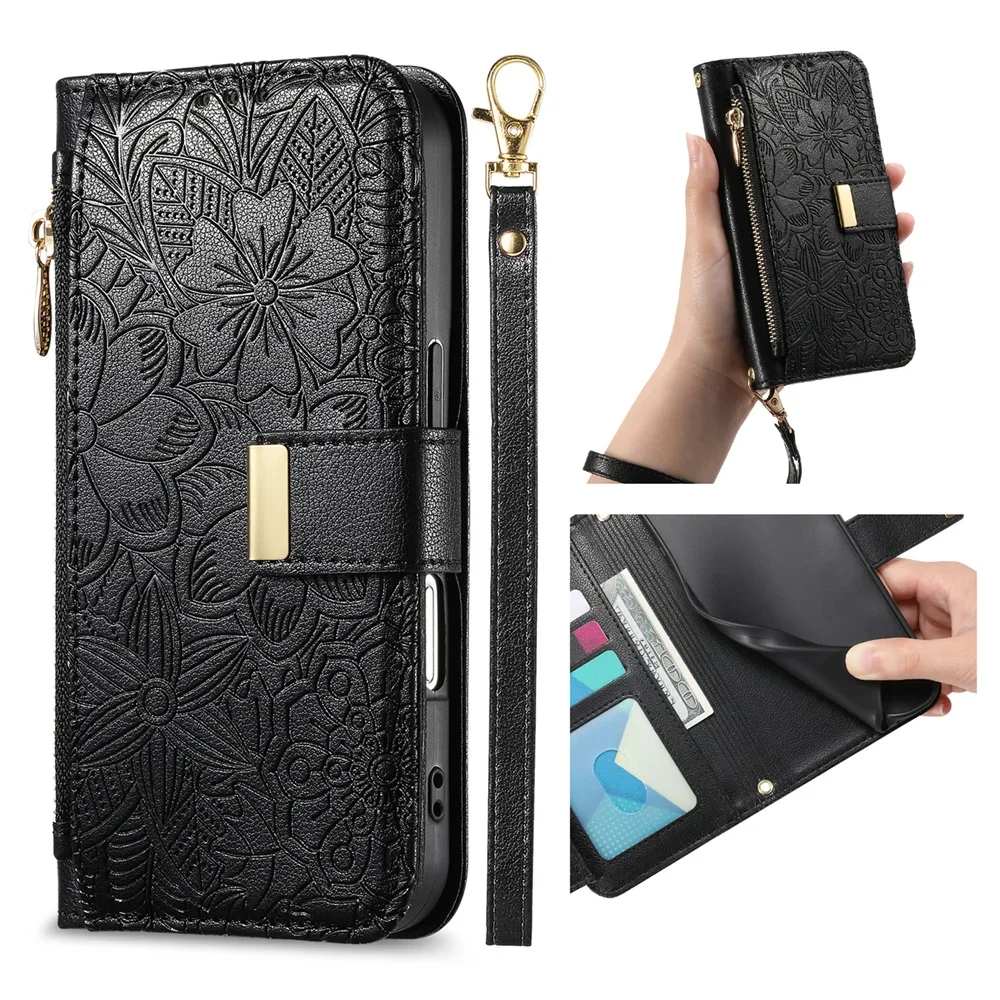 Zipper Flip Leather Phone Case with Card Slot Wallet and Wrist Strap - Protective Cover Etui