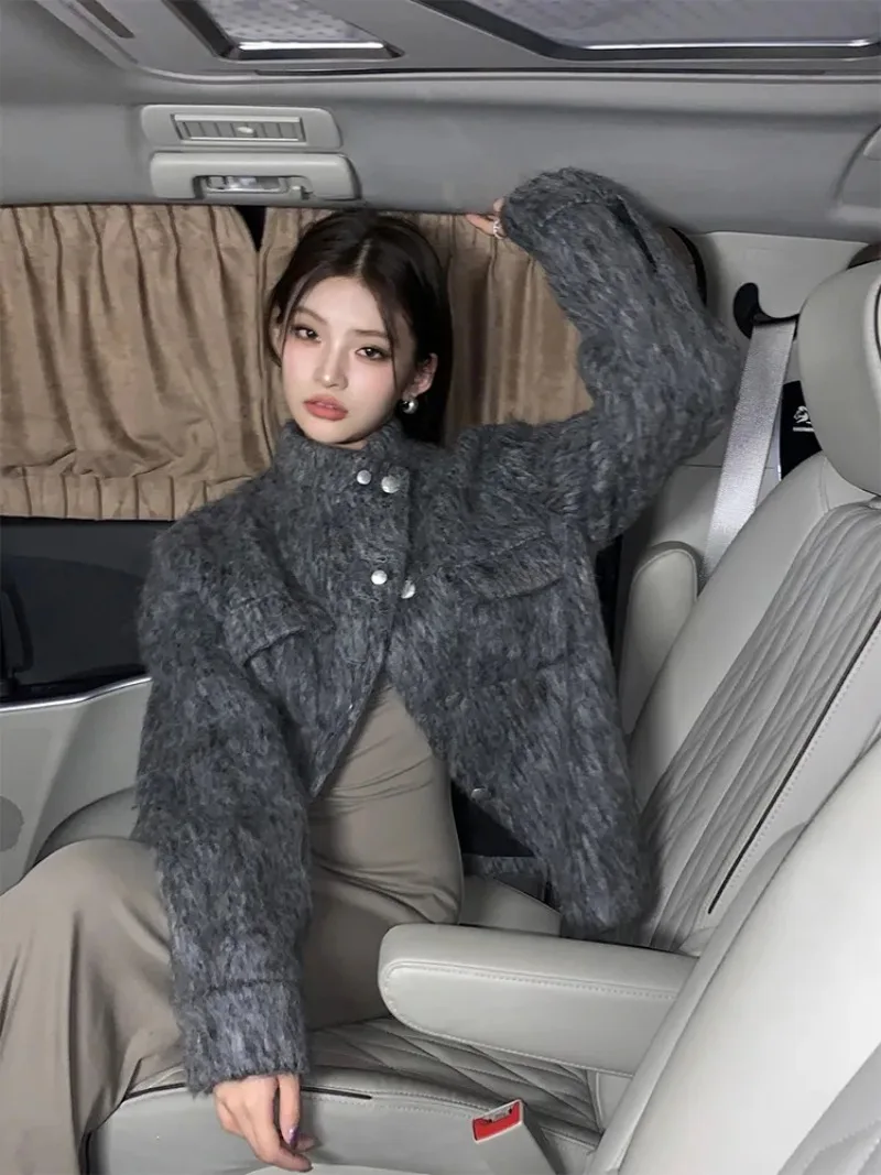 

Korean Fashion Temperament Gray Woolen Coat for Women's Winter New Stand Up Collar Double Breasted Coat Female Clothing