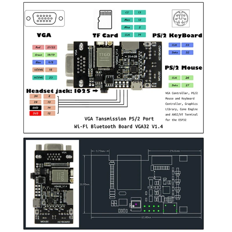 TTGO VGA32 VGA ESP32 PSRAM Module V1.4 Controller PS/2 Mouse Keyboard Graphics Library Game ANSI/VT Terminal Circuit electronic components