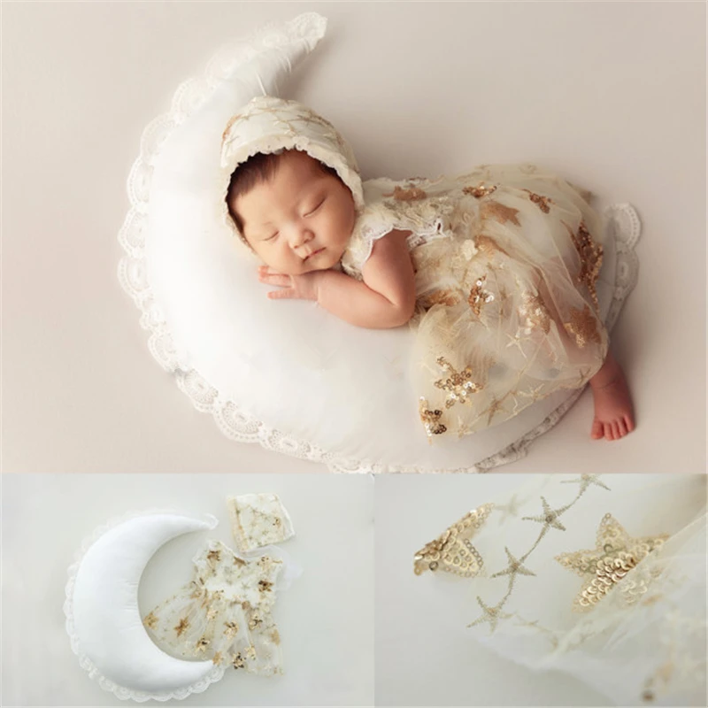 Newborn Baby Photography Props Moon Poser Blingbling Stars Outfit Dress with Hat Backdrop Fotografia Studio Shooting Photo Props dvotinst newborn baby photography props ethnic style outfit with scarf nacklace backdrop theme set studio shooting photo props