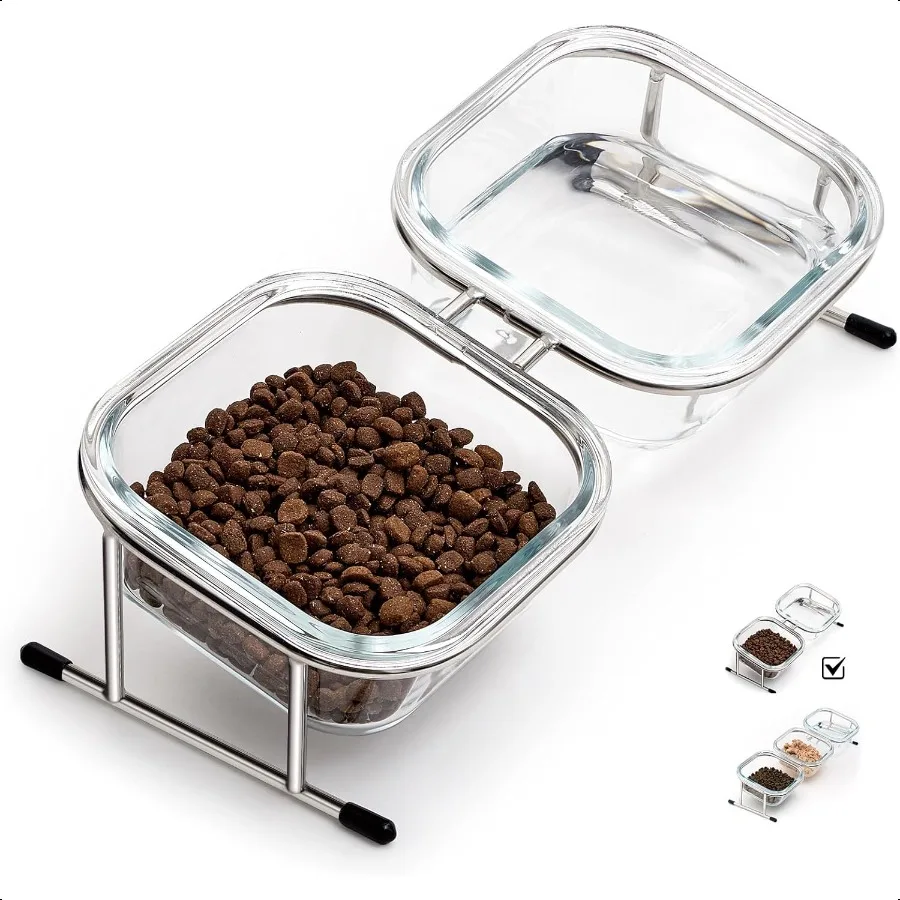 Elevated Tilted Glass Cat Bowls with Steel Stand