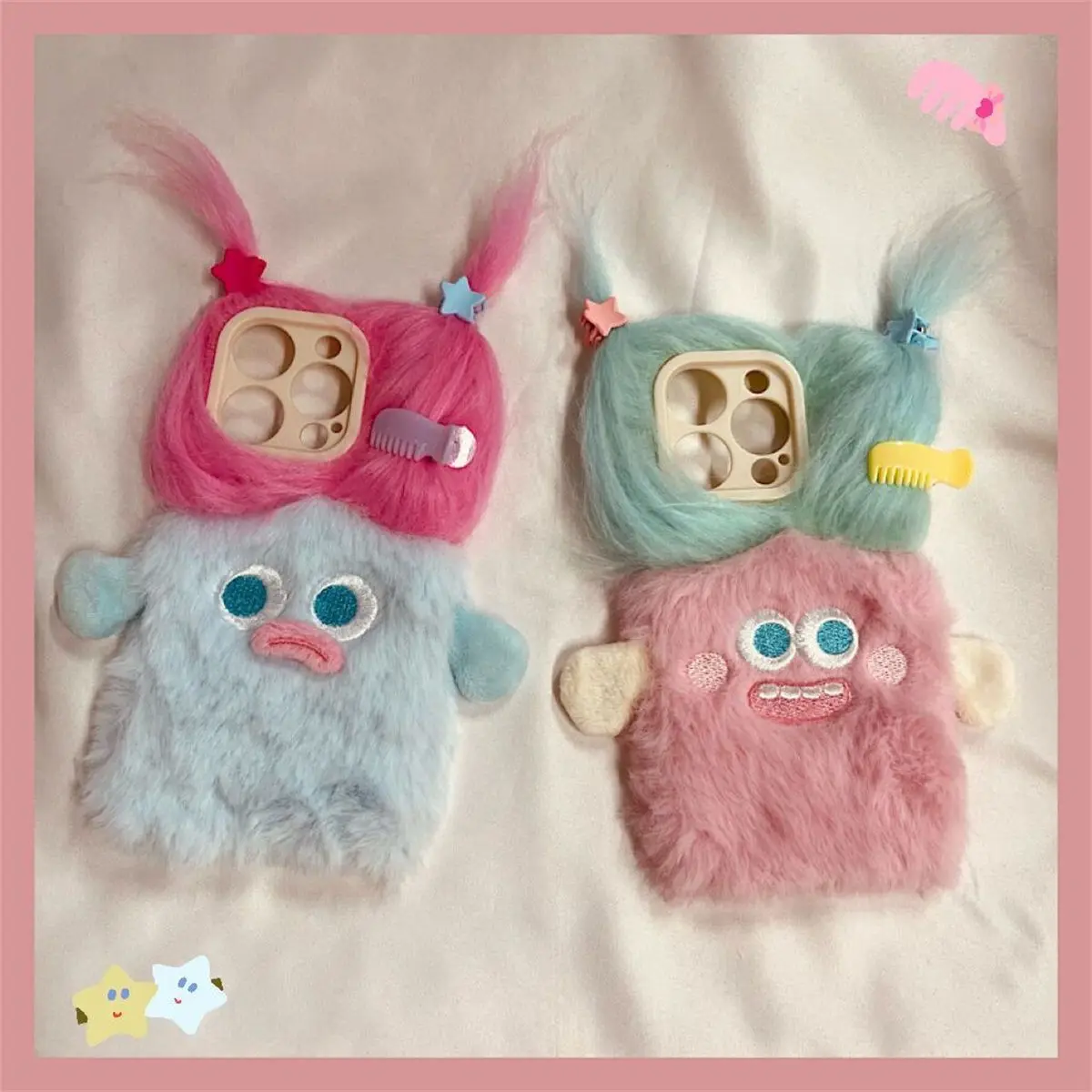 Adorable Cartoon Plush Shock-Proof Phone Case with DIY Clamp