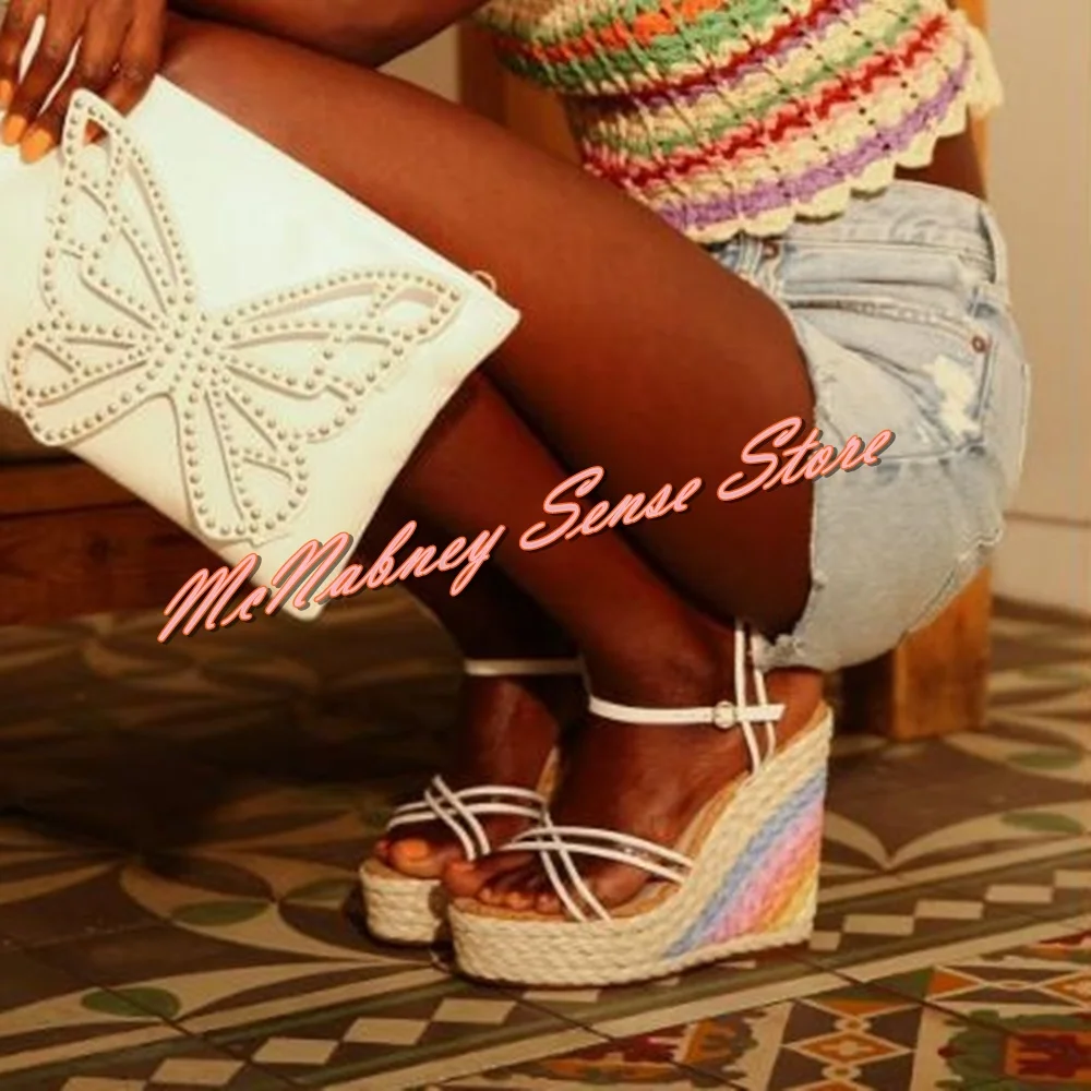 

Rainbow Weave Wedges Sandals PVC Straps Buckles Platform Sandals Open Toe Women Sexy Shoes Party Runway Newest Designer Summer