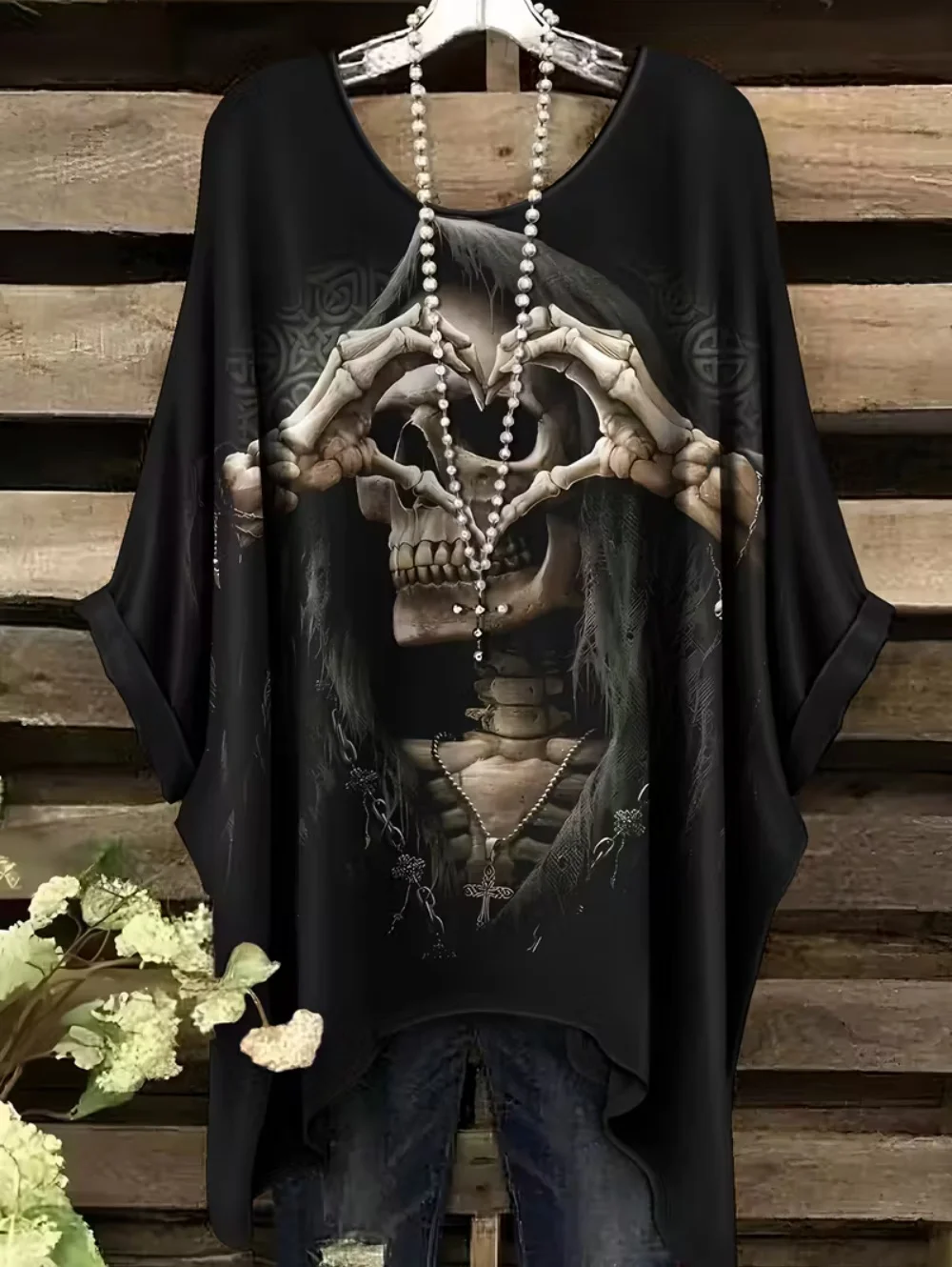 เสื้อยืดโอเวอร์ไซส์สไตล์ Y2K ลายหัวกะโหลกโบฮีเมียน