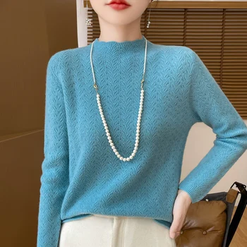 Alternative view of New Women Merino Wool Sweater Lace Half-high Collar Pullover Autumn Winter Cashmere Bottoming Knitwear Jacquard Hollow Out Tops
